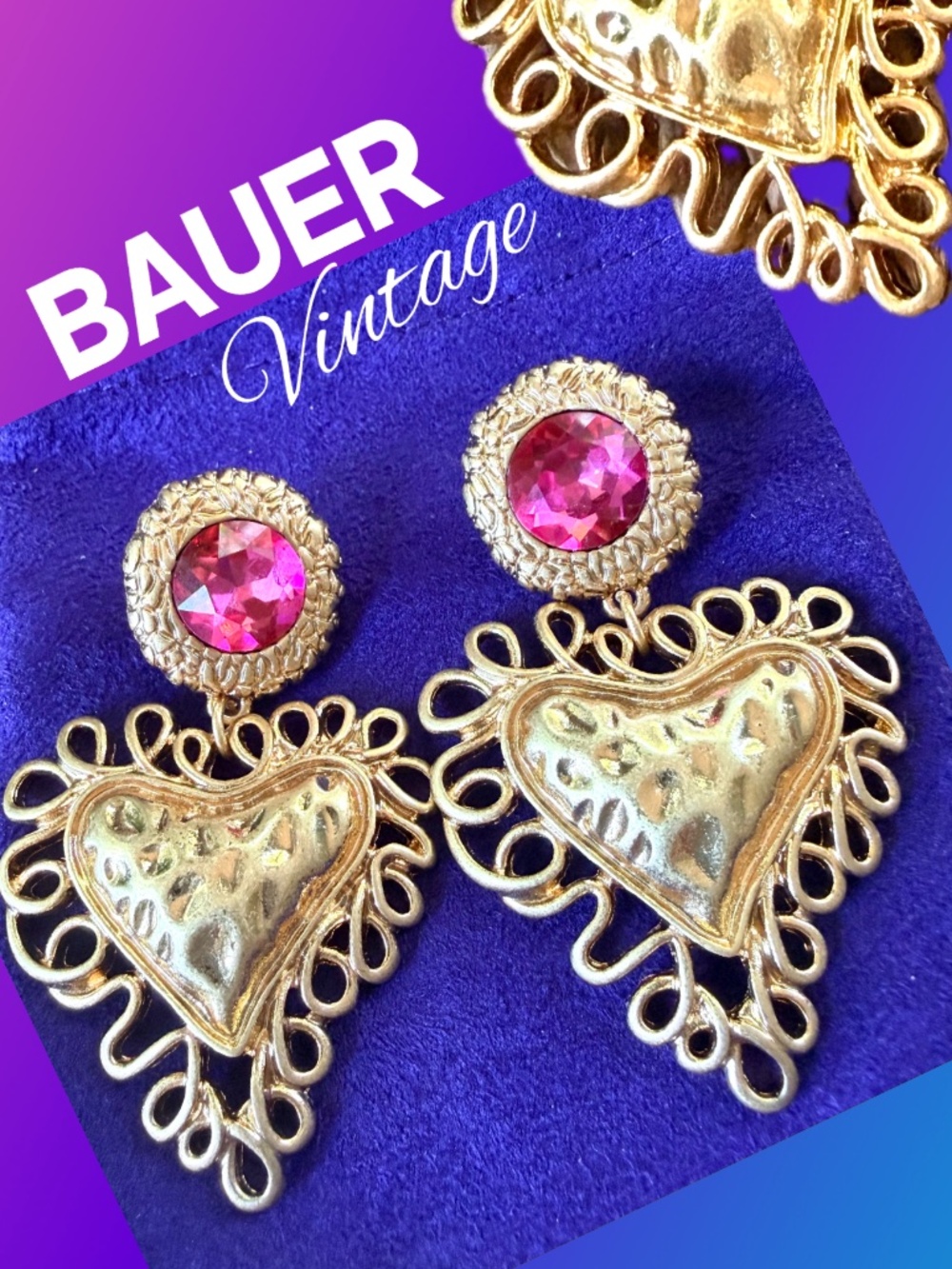 BAUER Vintage Heart Dangle Drop Statement Earrings ✨Candy PINK CRYSTAL/ GOLD
